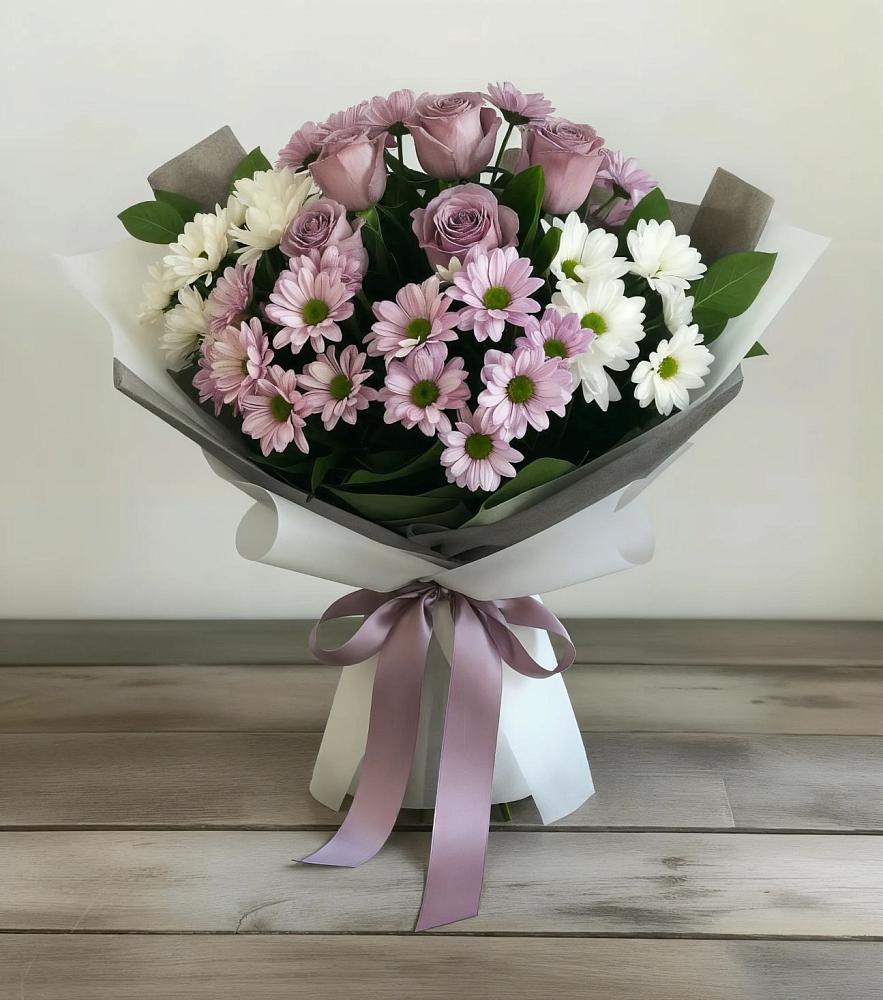 Букет цветов из: Хризантемы и Розы в Октябрьском Челябинская область