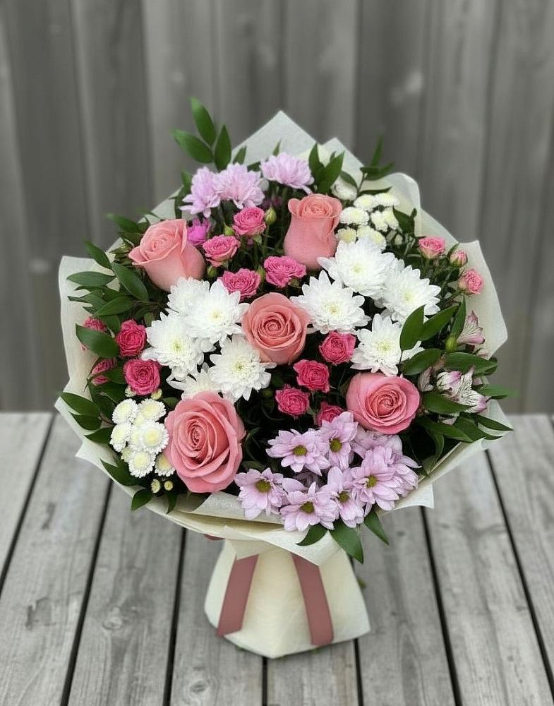 Букет цветов из: Альстромерии, Гвоздики, Розы и Хризантемы в Октябрьском Челябинская область