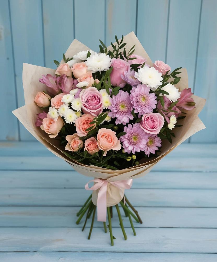 Букет цветов из: Хризантемы, Розы и Альстромерии в Октябрьском Челябинская область