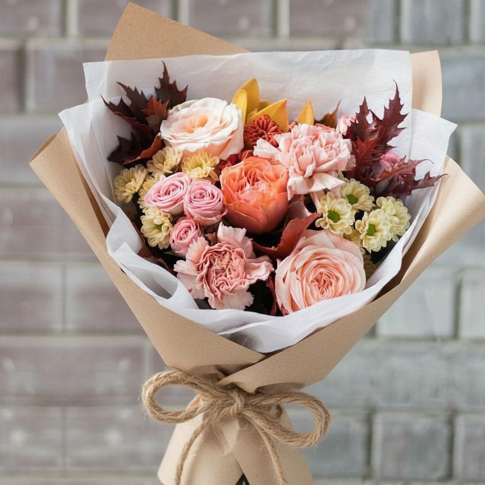 Букет цветов из: Гвоздики, Хризантемы и Розы в Октябрьском Челябинская область