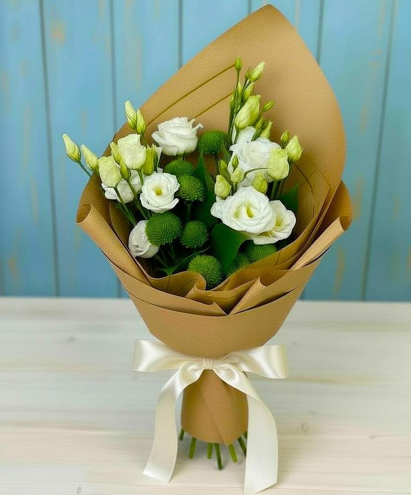 Букет цветов из: Хризантемы и Лизиантусы в Октябрьском Челябинская область