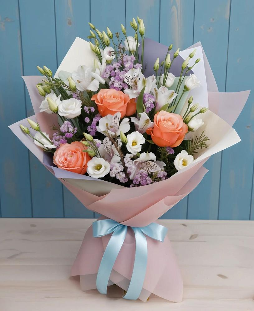 Букет цветов из: Лизиантусы, Розы, Альстромерии и Гипсофила в Октябрьском Челябинская область
