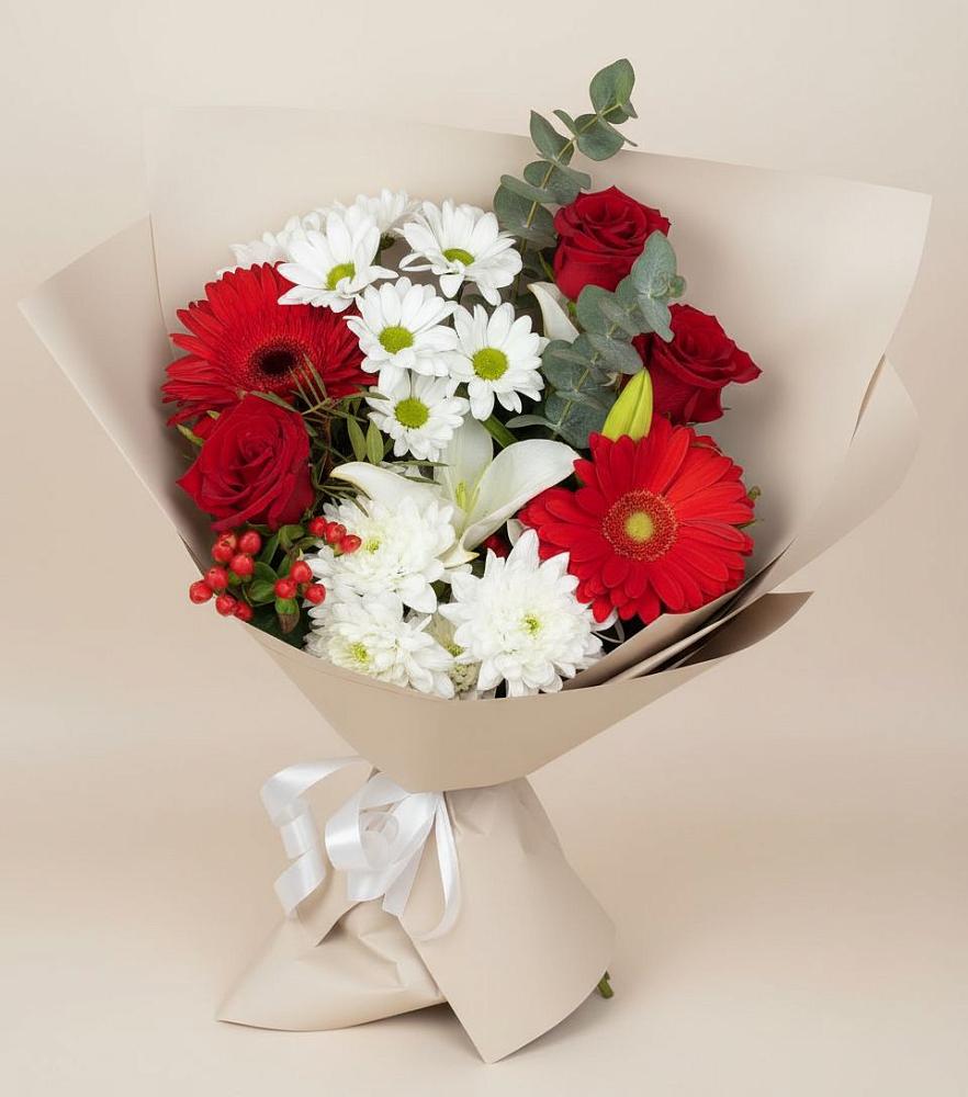 Букет цветов из: Розы, Хризантемы, Герберы и Лилии в Октябрьском Челябинская область