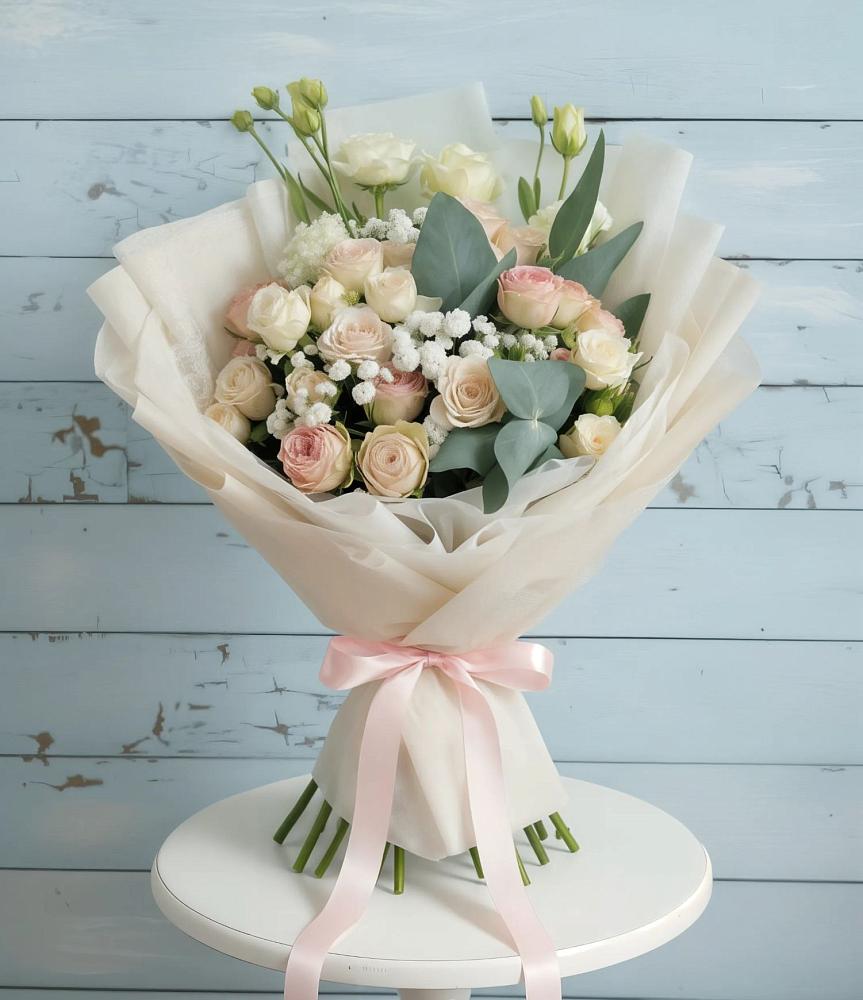 Букет цветов из: Розы и Лизиантусы в Октябрьском Челябинская область