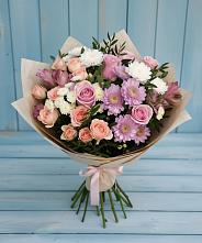 Букет цветов из:  Хризантемы, Розы и Альстромерии в Октябрьском Челябинская область