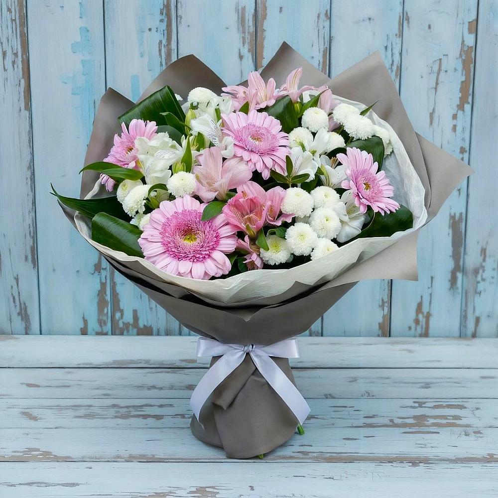 Букет цветов из: Герберы, Альстромерии и Хризантемы в Октябрьском Челябинская область