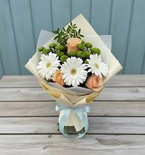 Букет цветов из:  Герберы, Розы и Хризантемы в Октябрьском Челябинская область
