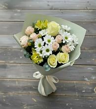 Букет цветов из:  Альстромерии, Розы и Хризантемы в Октябрьском Челябинская область