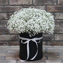 Цветочная композиция из Гипсофила в шляпной коробке в Октябрьском Челябинская область