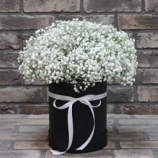 Цветочная композиция из Гипсофила в шляпной коробке в Октябрьском Челябинская область