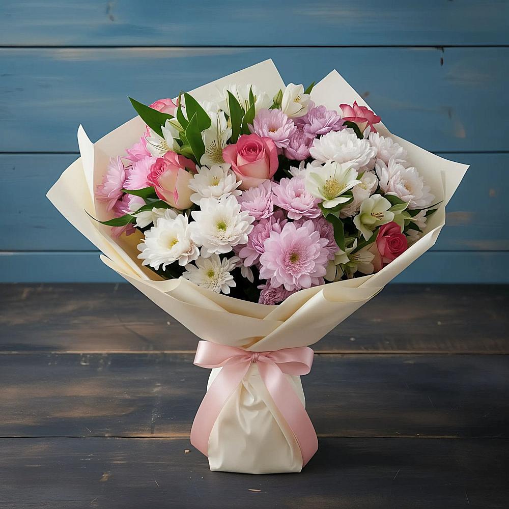 Букет цветов из: Хризантемы, Альстромерии и Розы в Октябрьском Челябинская область